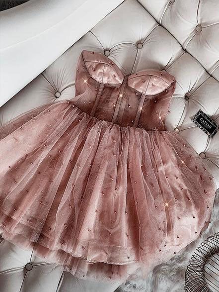 Cute Sparkly Beaded Strapless Dusty Homecoming Dress Birthday Outfit