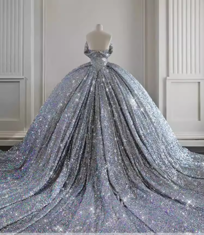 Ball Gown Strapless Sequin Silver Long Prom Dresses