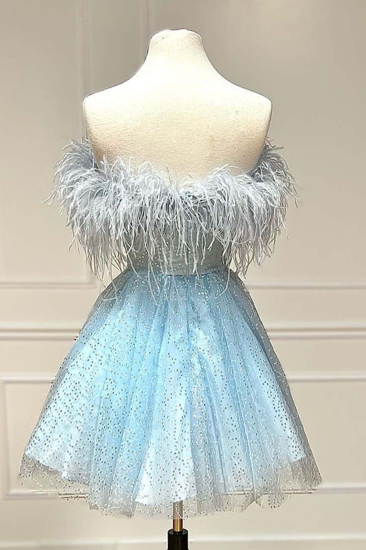 Strapless Blue Feather A-Line Short Homecoming Dress Birthday Outfit