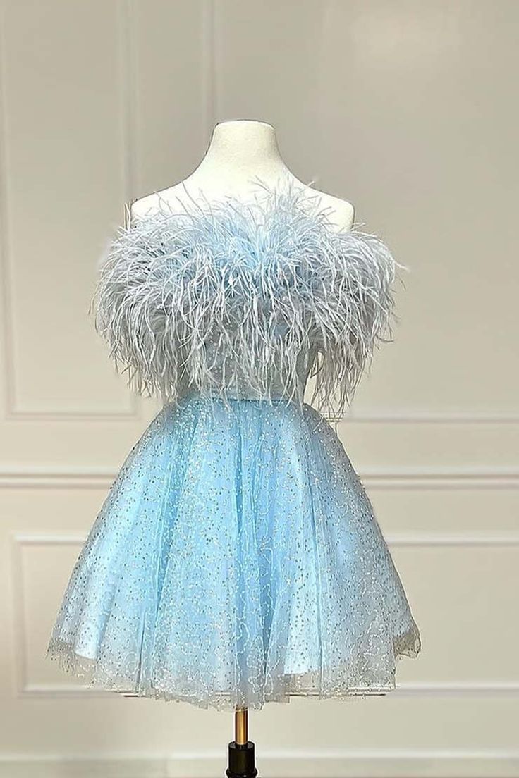 Strapless Blue Feather A-Line Short Homecoming Dress Birthday Outfit