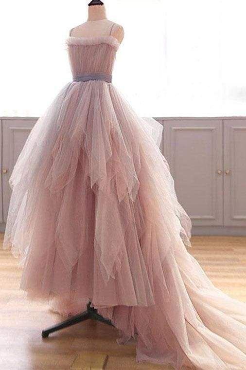 Vintage A Line Spaghetti Straps Blush Puffy Ruffles Prom Dresses