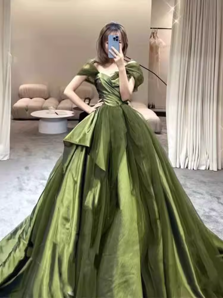 Ball Gown Off The Shoulder Green Satin Long Prom Dresses