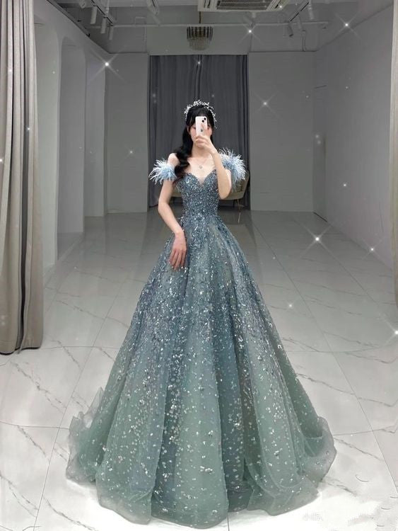Modest A line Off The Shoulder Cap Sleeves Tulle Beads Prom Dress