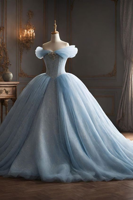 Modest Ball Gown Off The Shoulder Tulle Long Light Sky Blue Sweet 16 Dress Prom Dresses