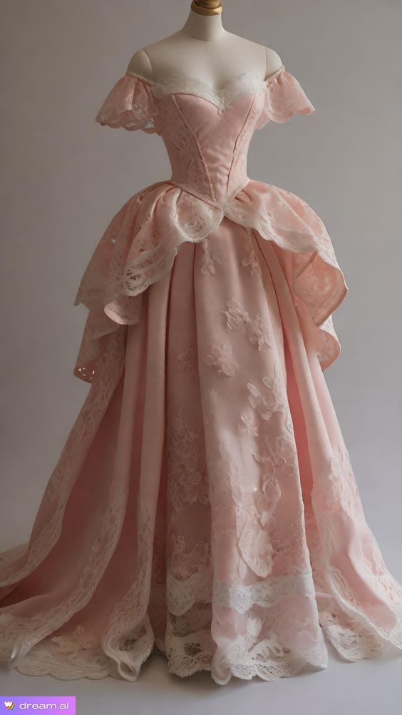 Retro Ball Gown Off The Shoulder Pink Satin Lace Long Prom Dress