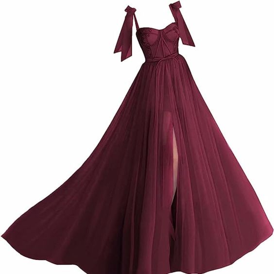 Vintage A line Straps Burgundy Tulle Long Evening Dress Prom Dresses