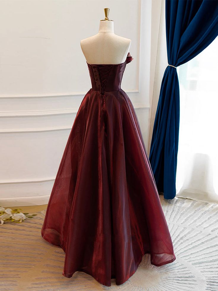 Vintage A-Line Burgundy Organza Burgundy Long Prom Dress
