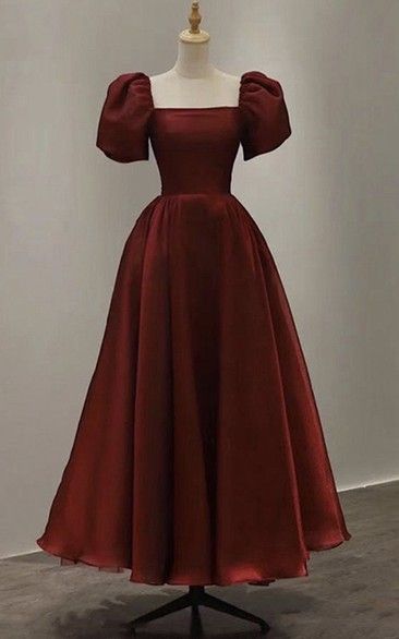Elegant Satin A Line Ankle-length Short Sleeve Prom Dress with Ruching