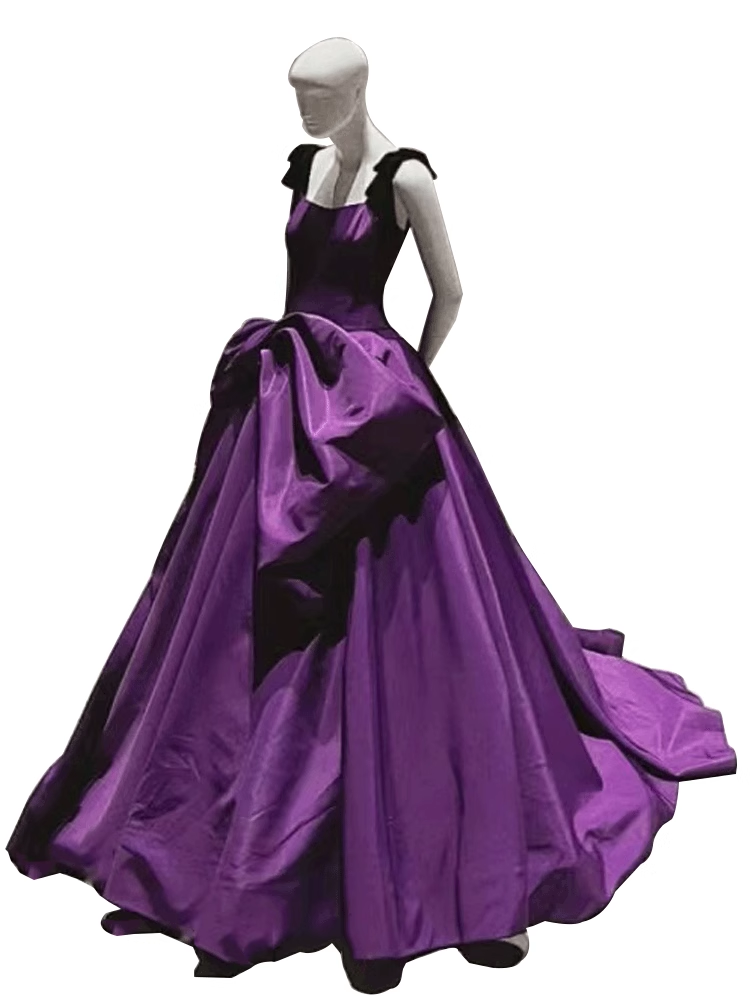 Ball Gown Straps Satin Grape Satin Long Prom Dresses