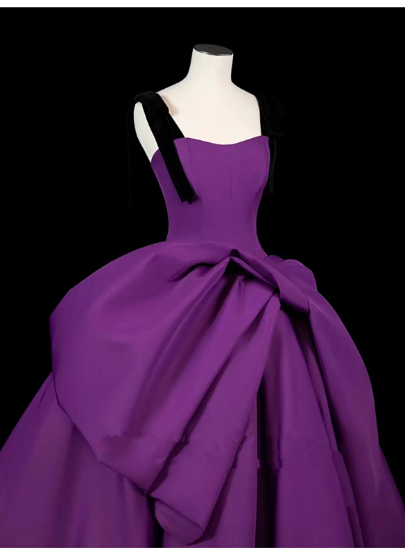 Ball Gown Straps Satin Grape Satin Long Prom Dresses