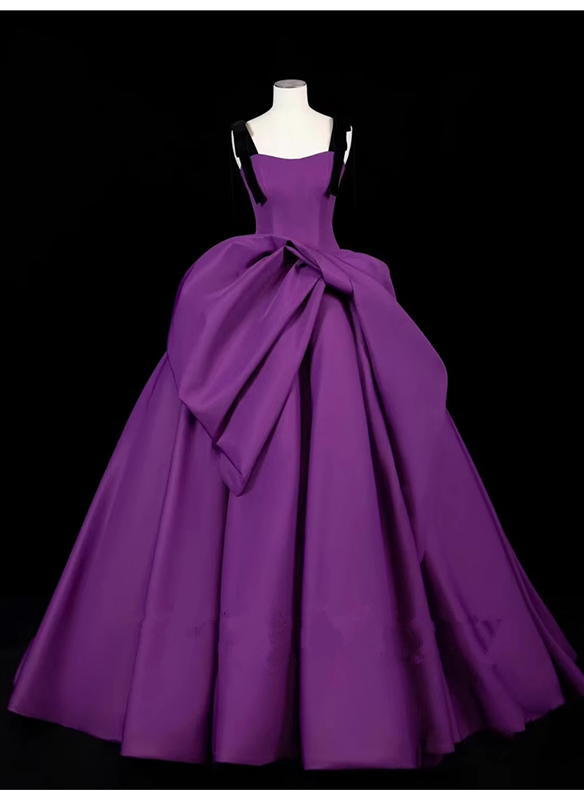 Ball Gown Straps Satin Grape Satin Long Prom Dresses