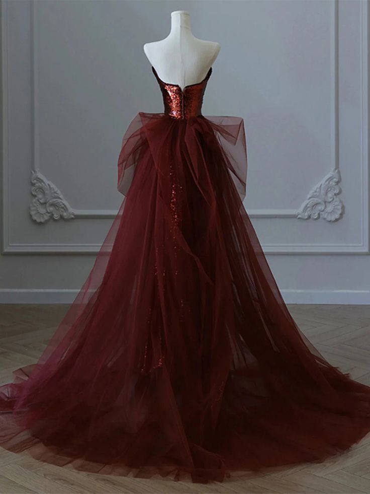 Elegant Mermaid Strapless Sequin Burgundy Long Prom Dresses