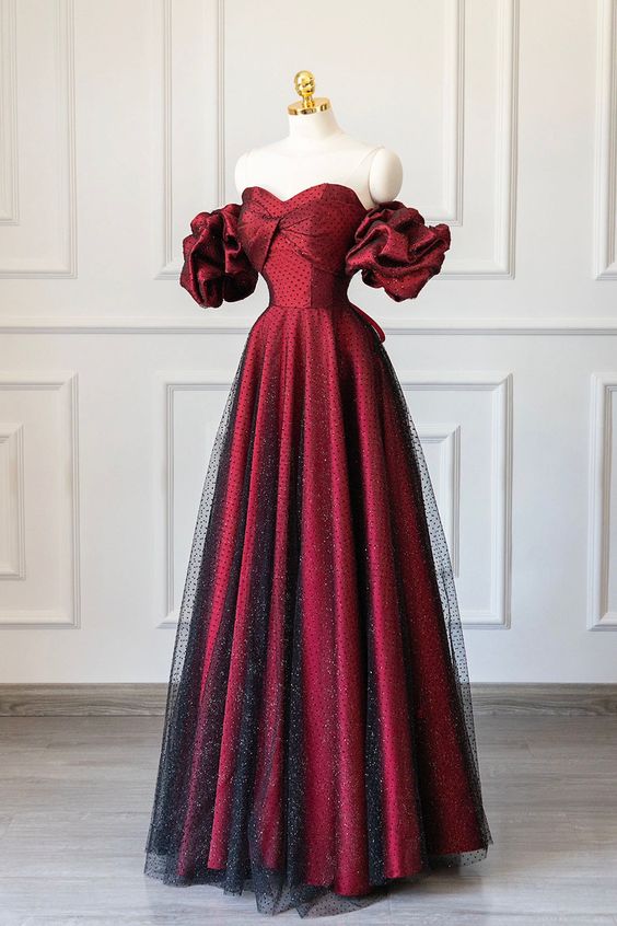 Vintage A line Off The Shoulder Burgundy Tulle Long Evening Dress Prom Dresses