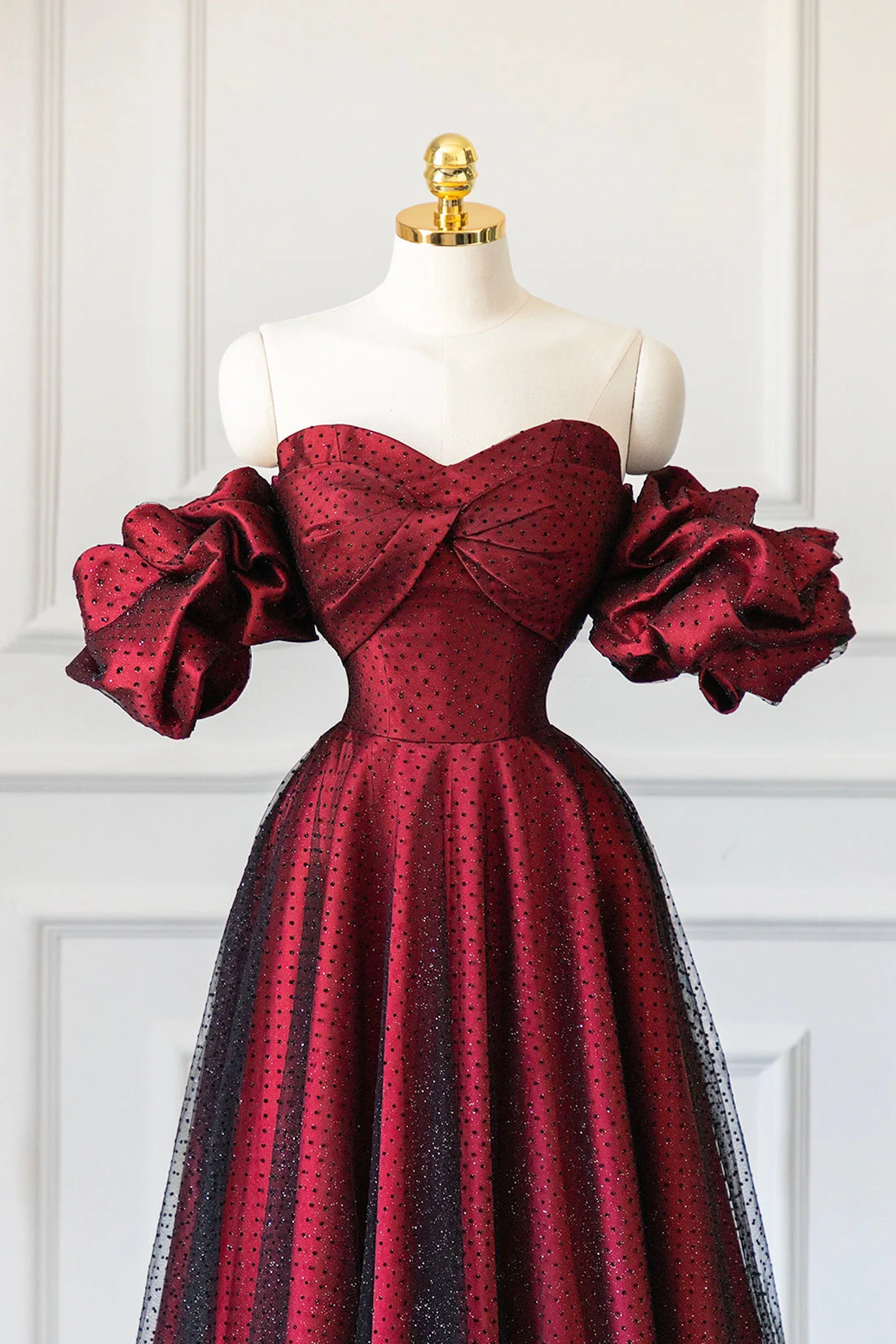 Vintage A line Off The Shoulder Burgundy Tulle Long Evening Dress Prom Dresses