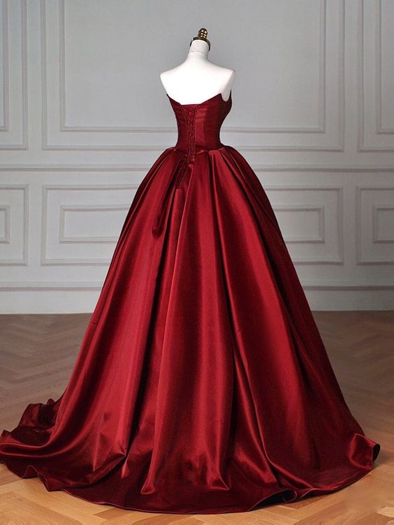 Vintage A line Strapless Burgundy Satin Long Evening Dress Prom Dresses