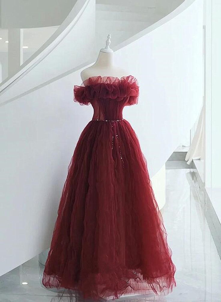 Vintage A line Off The Shoulder Burgundy Tulle Evening Dress Prom Dresses
