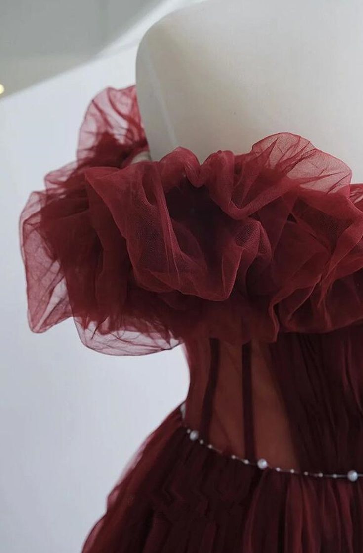 Vintage A line Off The Shoulder Burgundy Tulle Evening Dress Prom Dresses