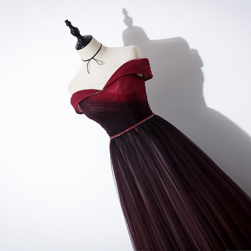 Vintage A line Off The Shoulder Burgundy Tulle Evening Dress Prom Dress