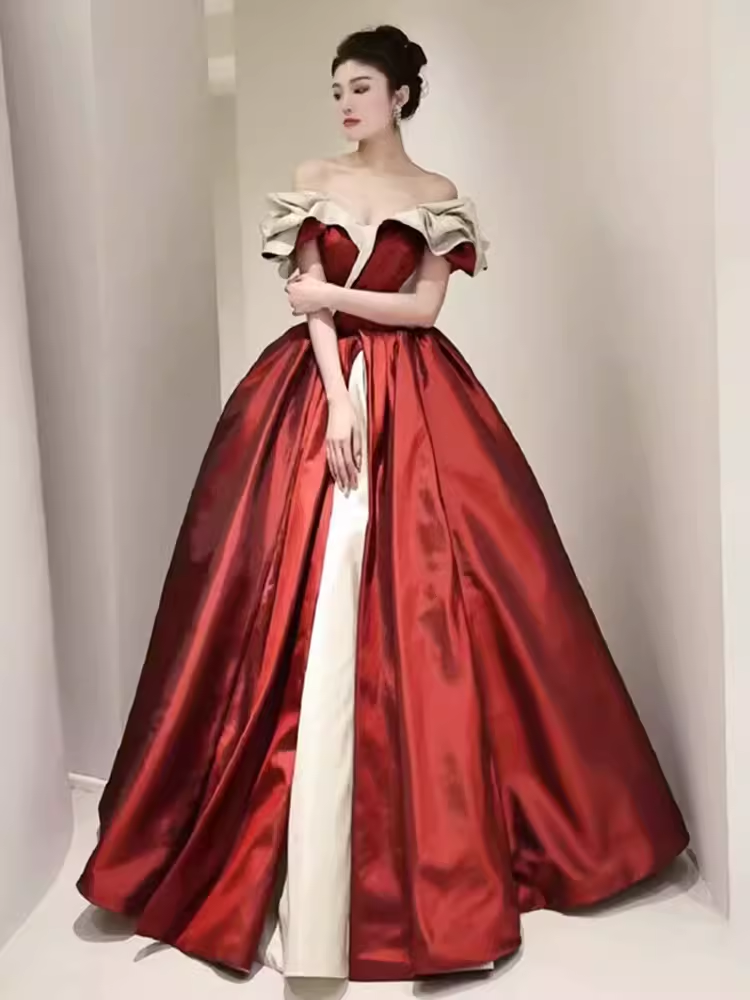 Ball Gown Off The Shoulder Satin Burgundy Long Prom Dresses