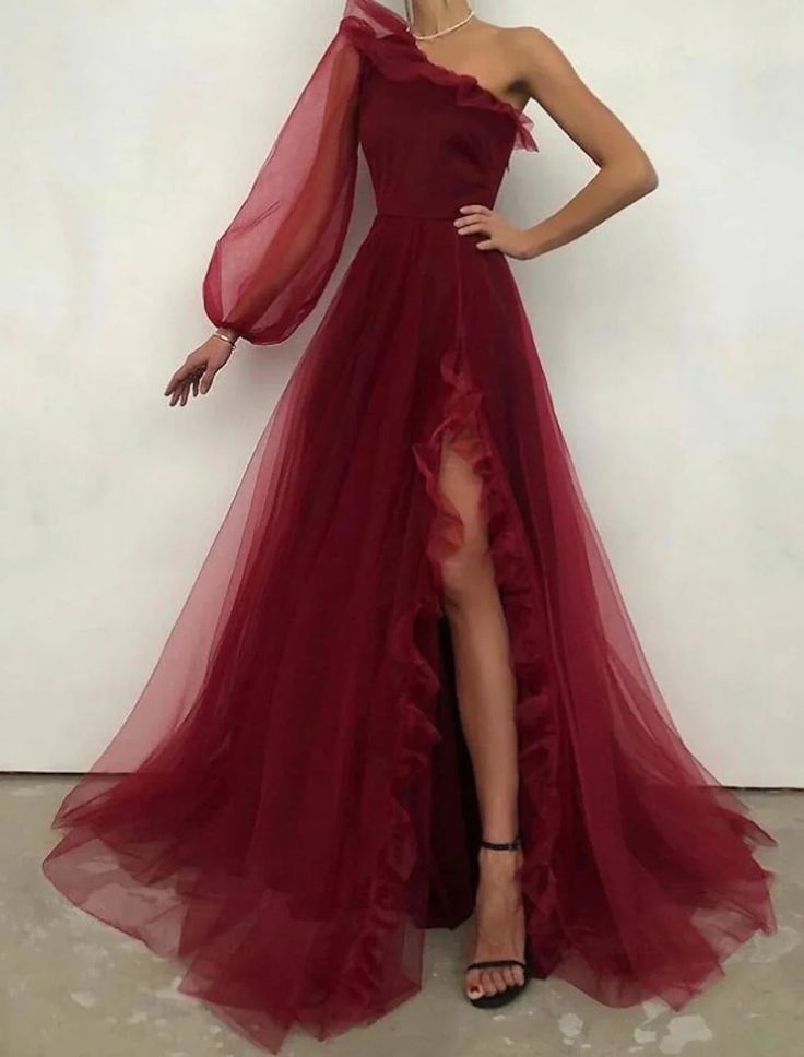 Vintage A line One Shoulder Long Sleeve Burgundy Slit Evening Dress Prom Dress