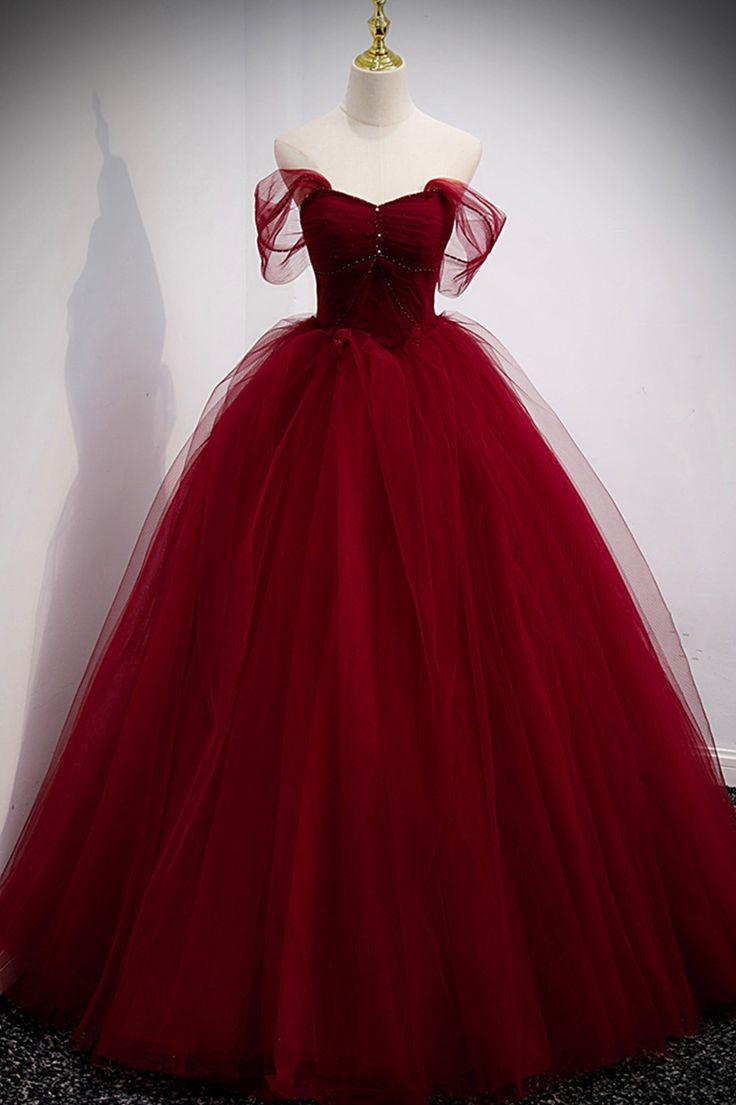 Puffy Ball Gown Burgundy Long Red Prom Dress For Formal Prom Dresses