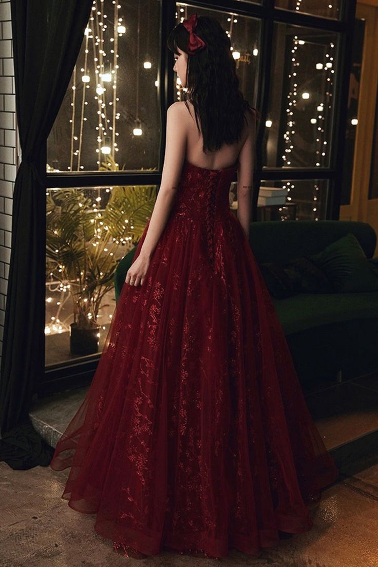 Burgundy Tulle Long Lace Prom Dresses, Wine Red Tulle Long Lace Formal Evening Dress