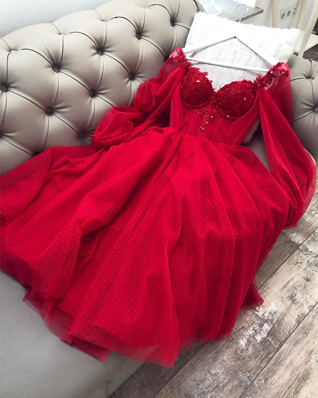 Cute A Line Long Sleeves Red Burgundy Tulle Ankle Length Prom Dress