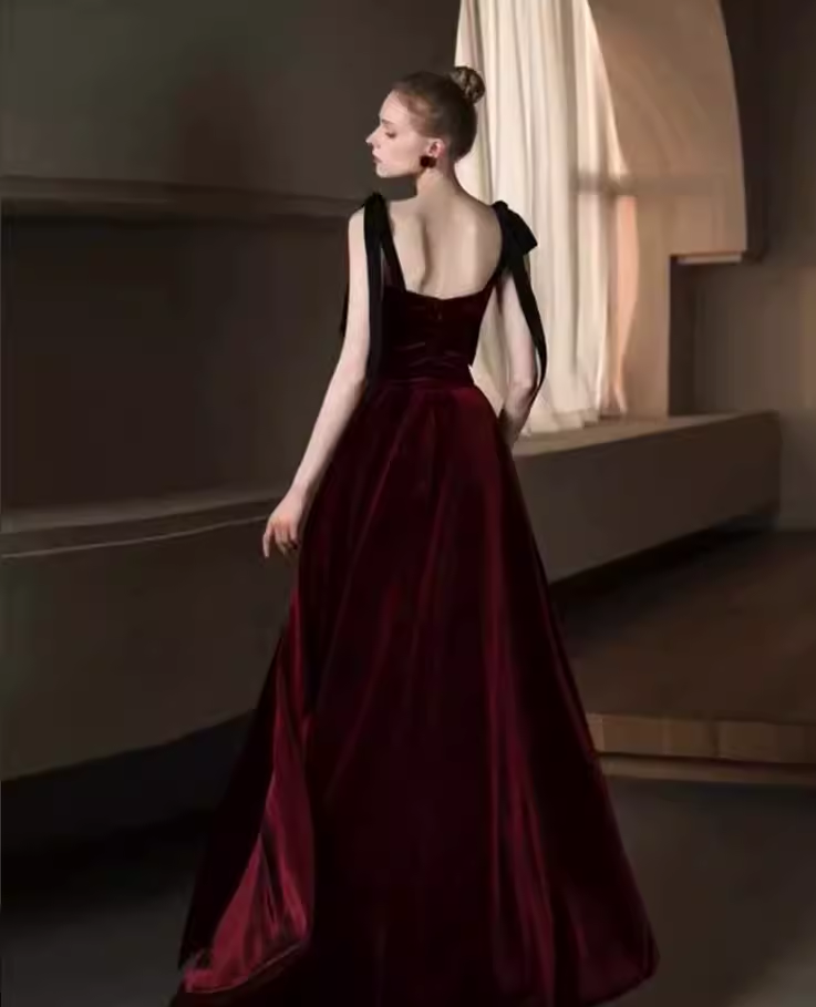 Simple A Line Burgundy Velvet Long Prom Dresses