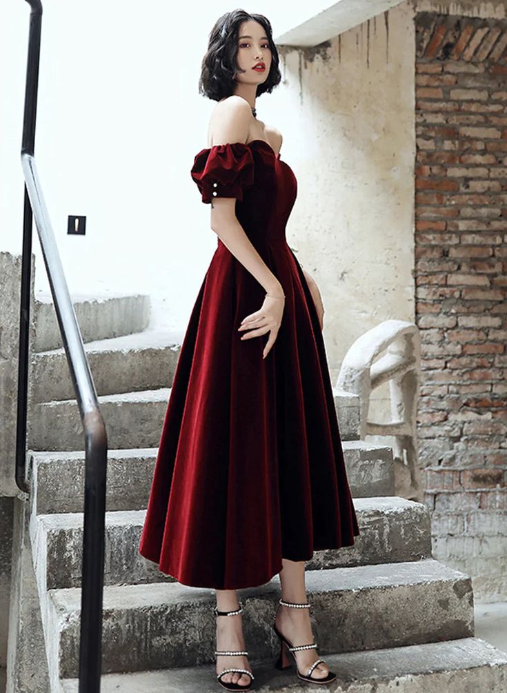 Vintage A Line Off The Shoulder Burgundy Velvet Evening Dress Prom Dress