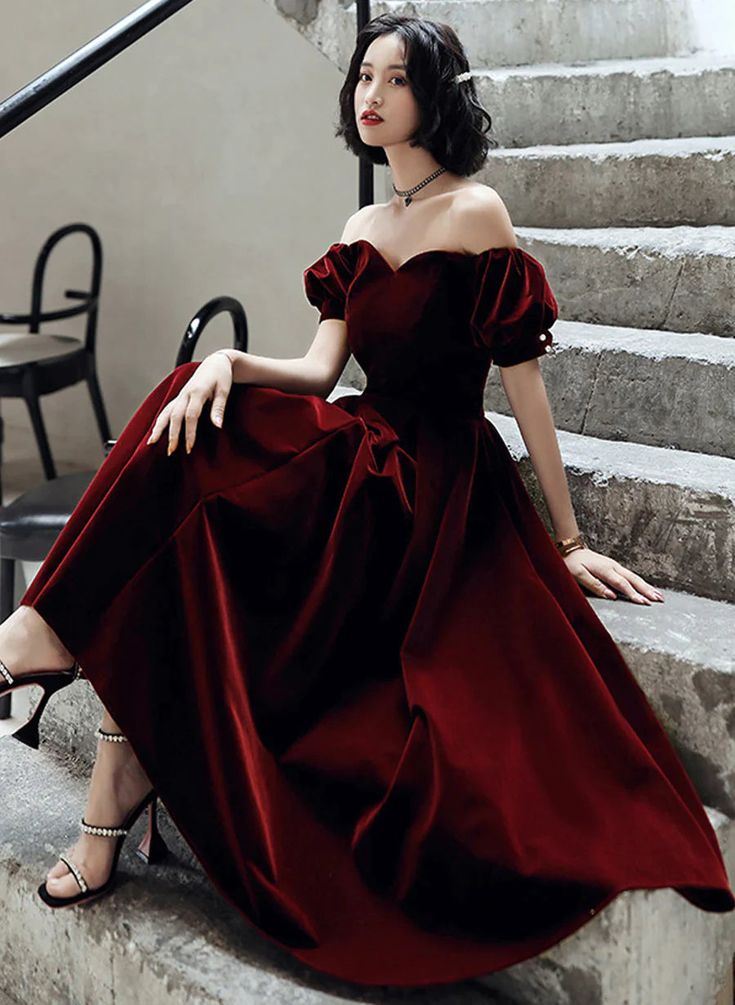 Vintage A Line Off The Shoulder Burgundy Velvet Evening Dress Prom Dress