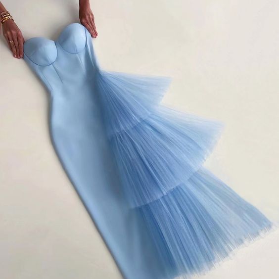 Sexy Mermaid Strapless Satin Light Sky Blue Long Prom Dress