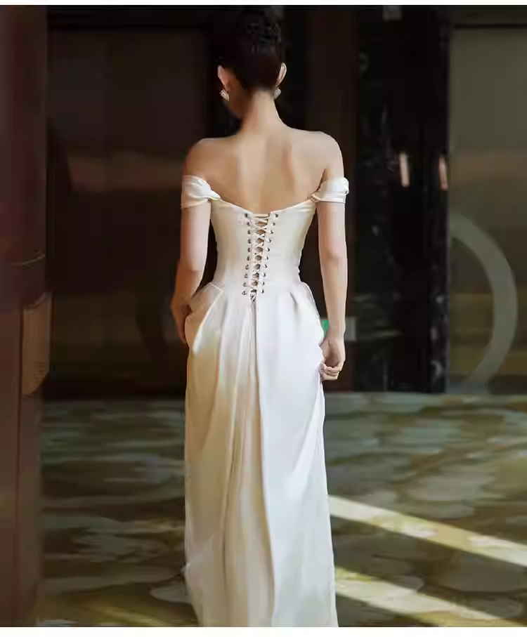 Vintage A line Off The Shoulder White Long Satin Wedding Dresses