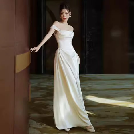 Vintage A line Off The Shoulder White Long Satin Wedding Dresses