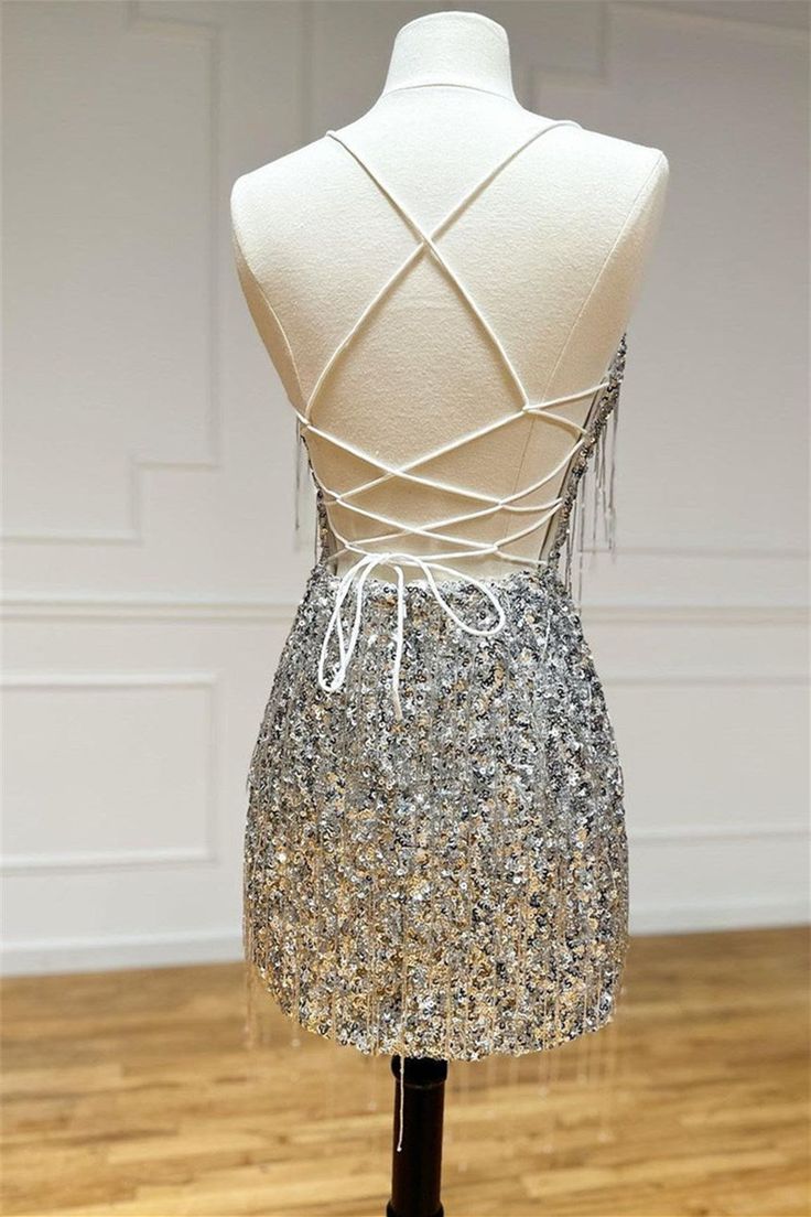 V Neck Lace-Up Sequins Tight Homecoming Dress with Tassels