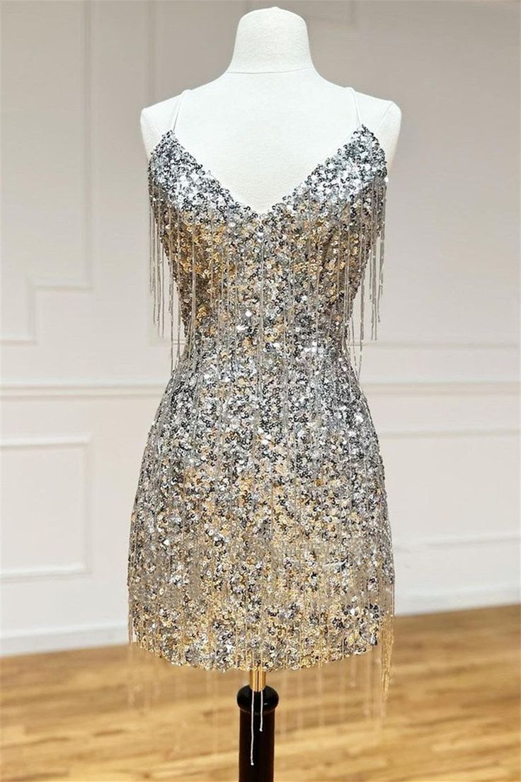 V Neck Lace-Up Sequins Tight Homecoming Dress with Tassels