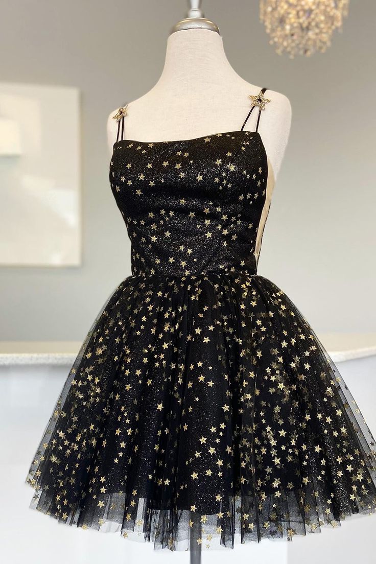 Straps Pink A-Line Tulle Homecoming Dress With Gold Stars