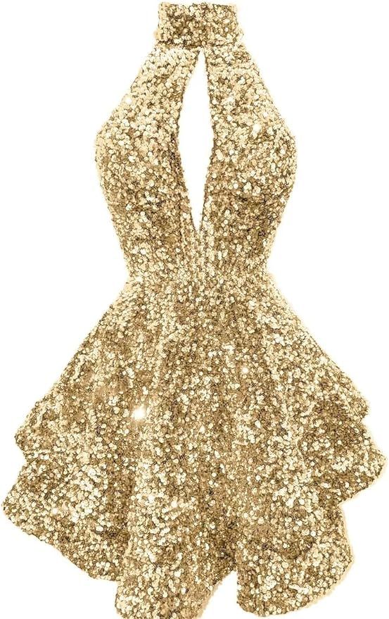 Halter Sequin Homecoming Dresses Short Sparkly Glitter Cutout Mini Backless Tight Bodycon