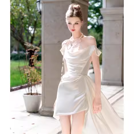 Vintage High Low Off The Shoulder White Satin Wedding Dresses