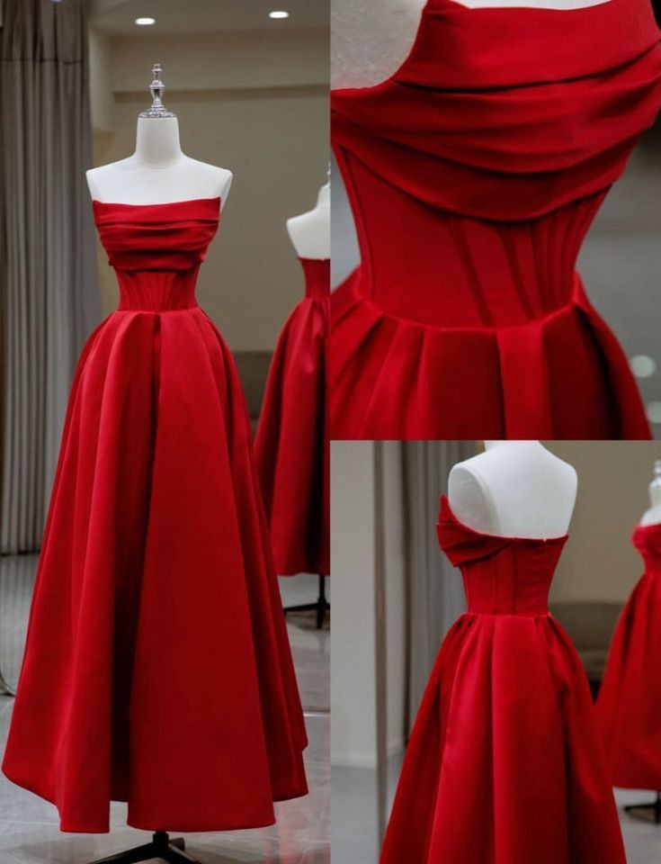 A line Strapless Red Satin Sleeveless Long Prom Dress
