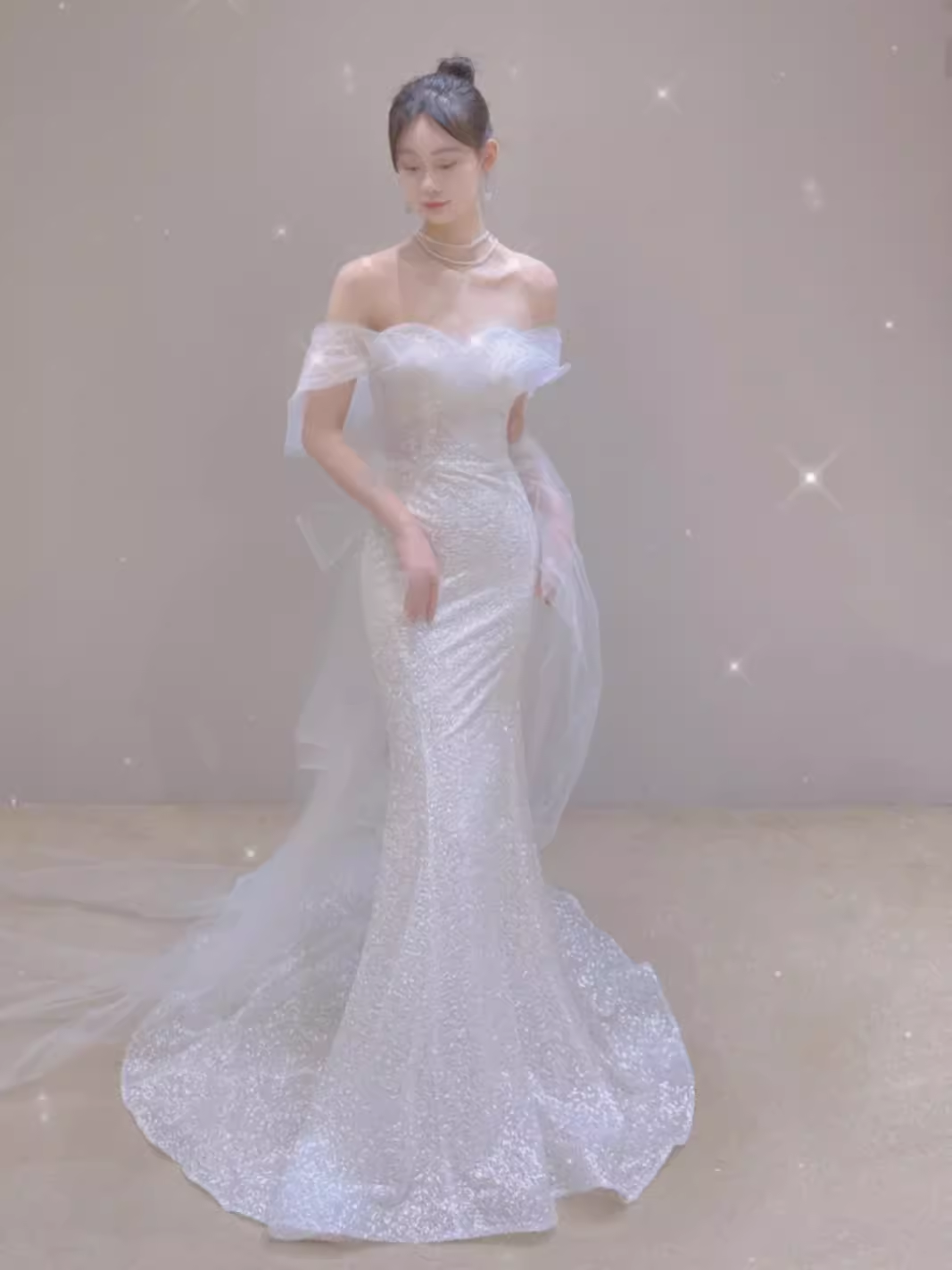 Fairytale Mermaid Off The Shoulder Short Sleeves Sequin Wedding Dresses