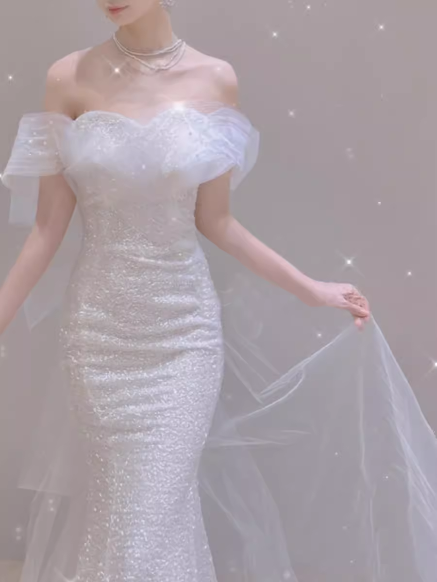 Fairytale Mermaid Off The Shoulder Short Sleeves Sequin Wedding Dresses