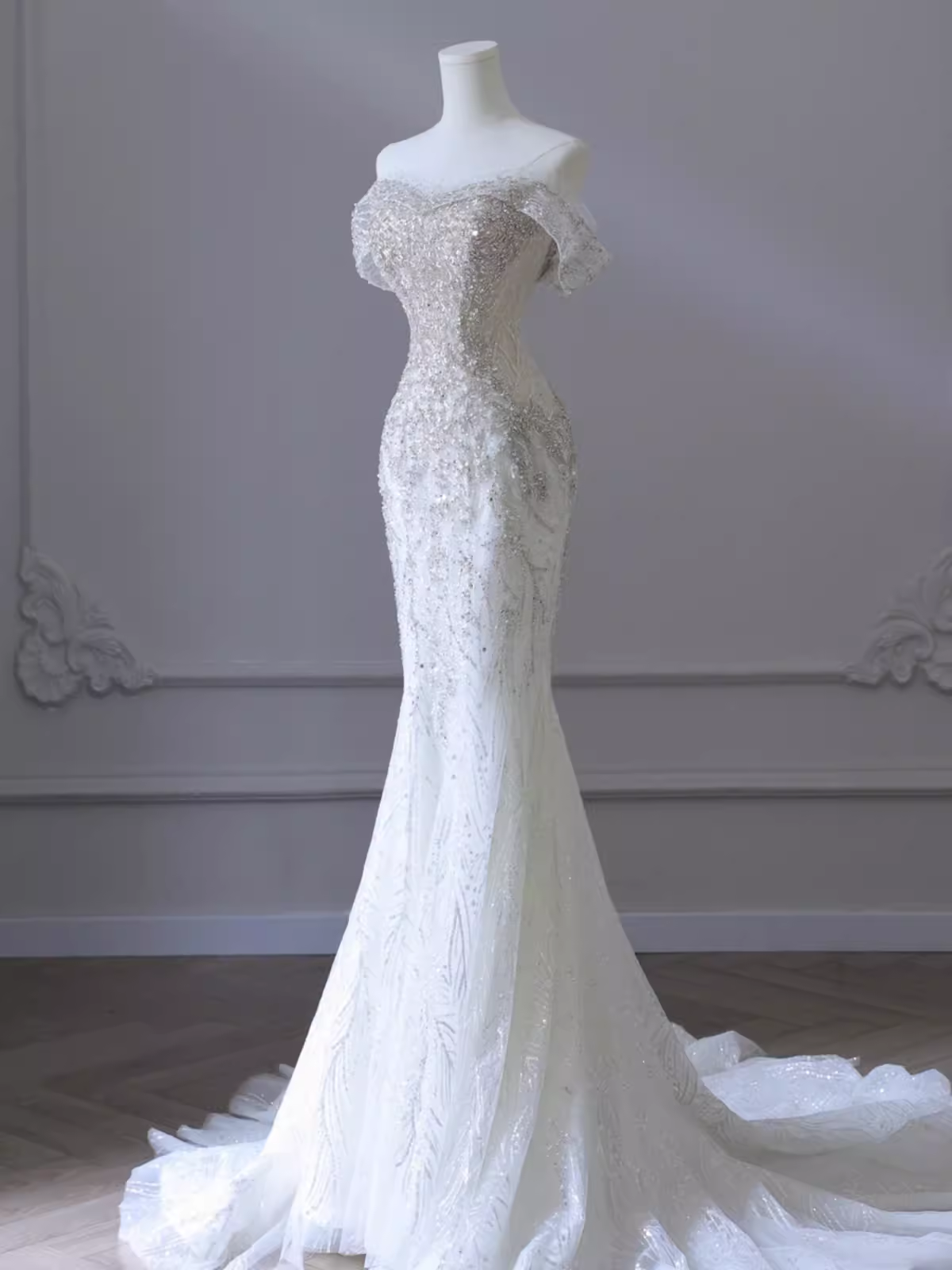 Fairytale Mermaid Off The Shoulder Short Sleeves Sequin Wedding Dresses