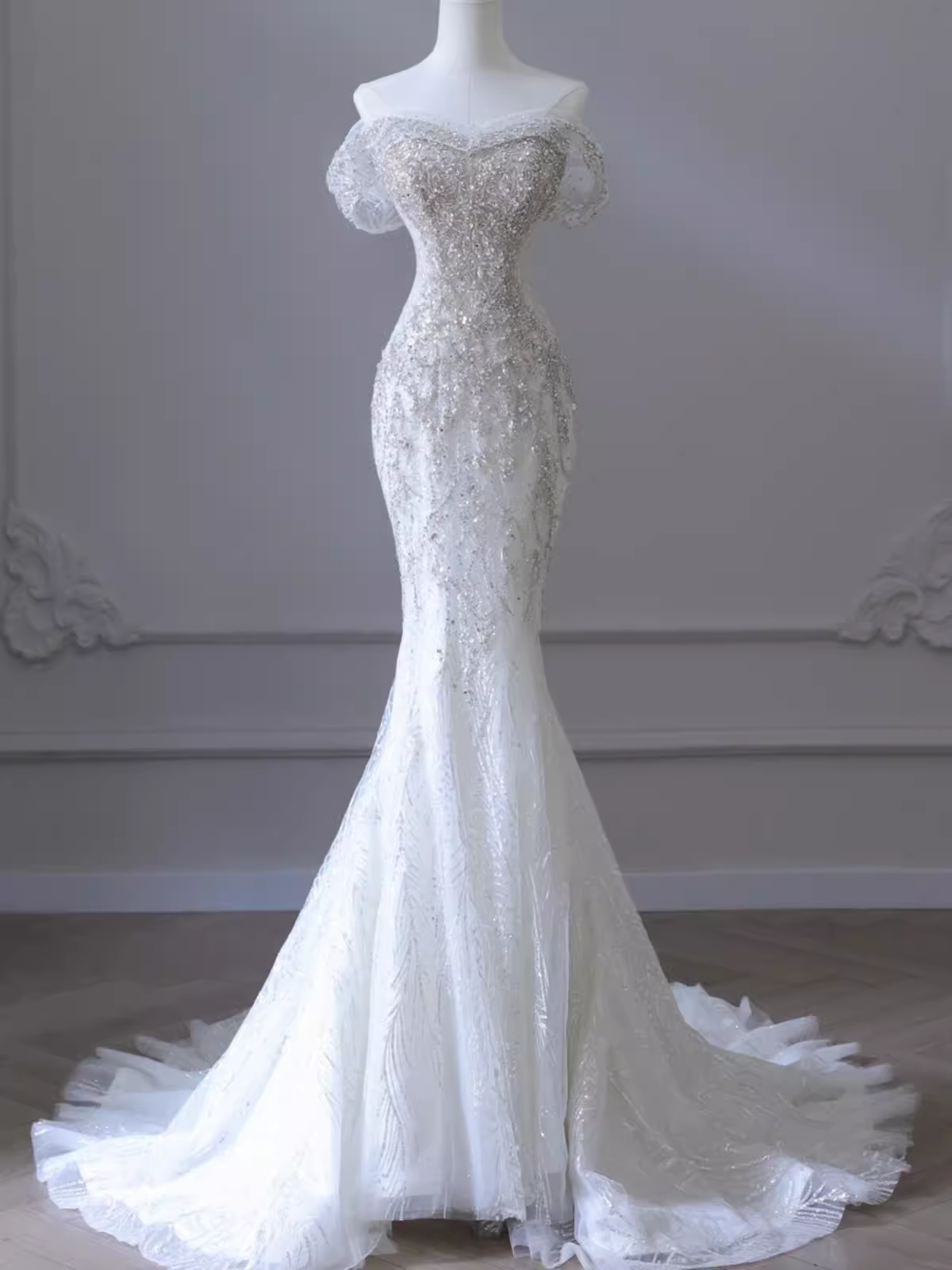 Fairytale Mermaid Off The Shoulder Short Sleeves Sequin Wedding Dresses