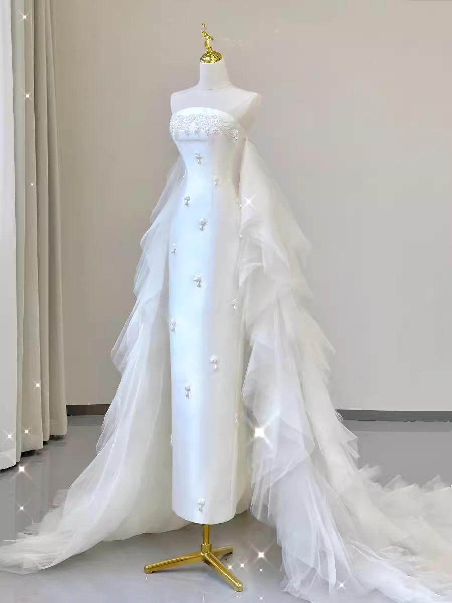 Fairytale Mermaid Strapless Satin White Wedding Dresses