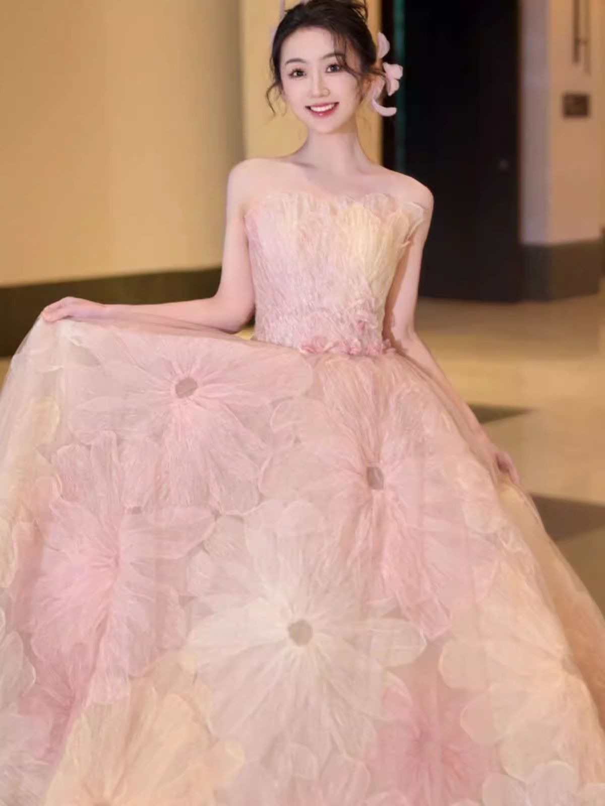 Fairytale Ball Gown Strapless Lace Pink Floral Wedding Dresses