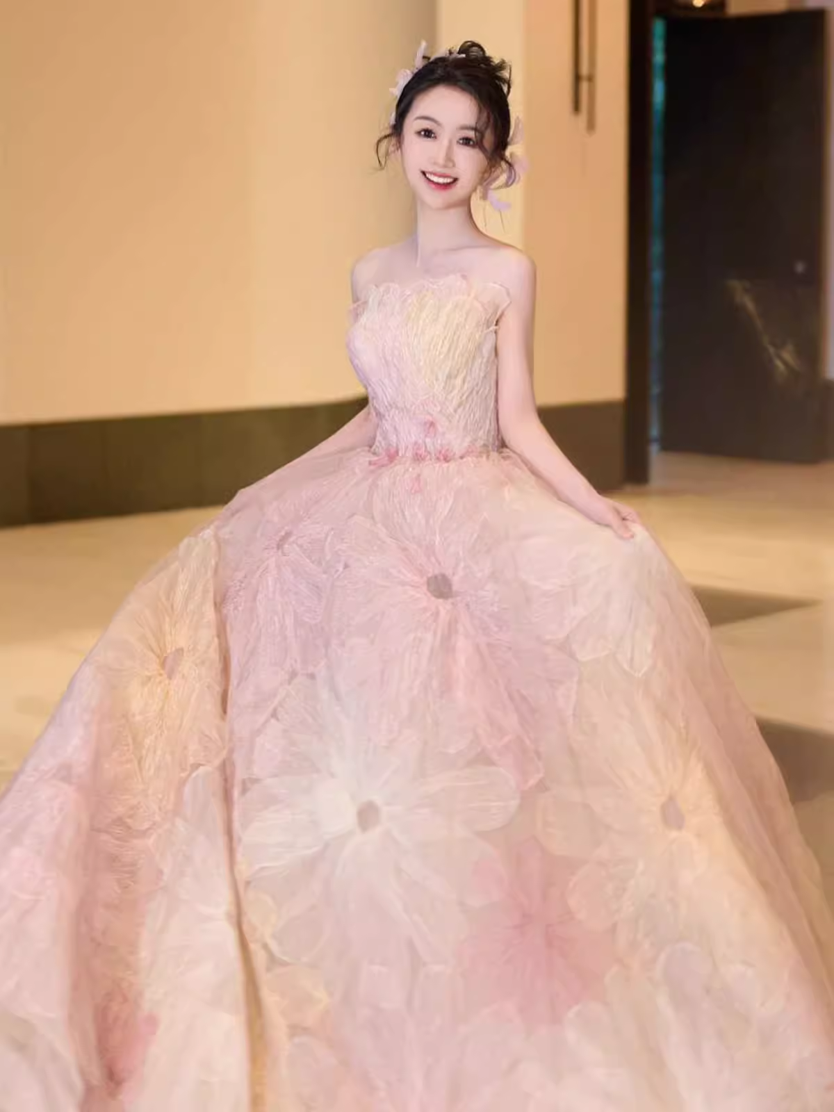 Fairytale Ball Gown Strapless Lace Pink Floral Wedding Dresses