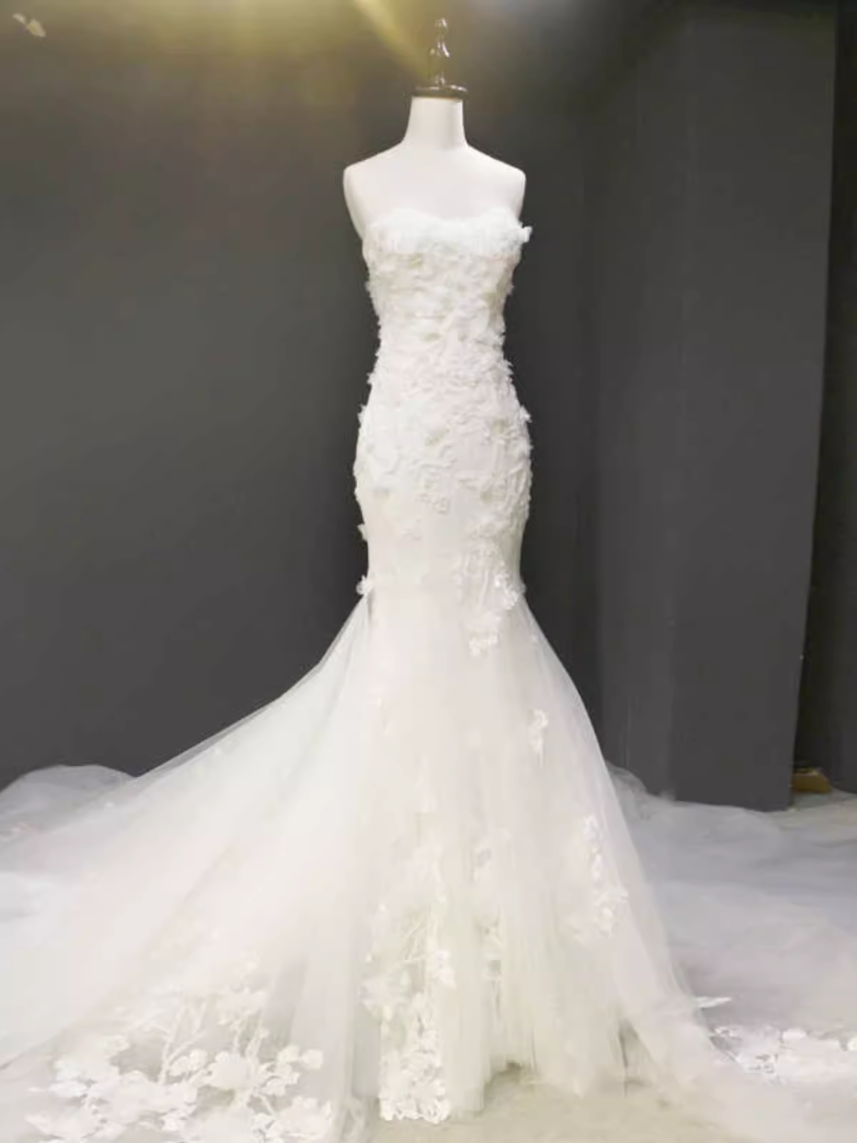 Fairytale Mermaid Strapless Lace White Floral Wedding Dresses