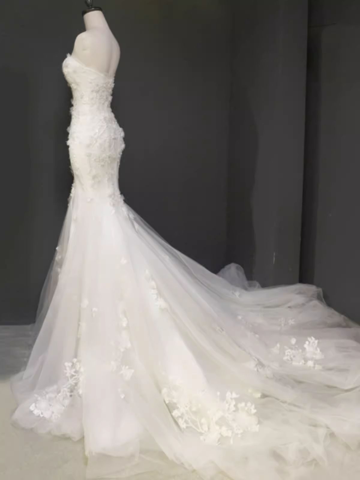 Fairytale Mermaid Strapless Lace White Floral Wedding Dresses