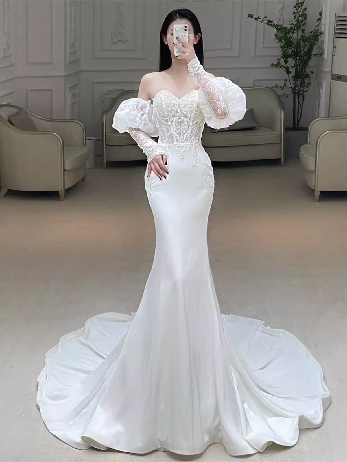 Fairytale Mermaid Strapless Lace White Long Wedding Dresses