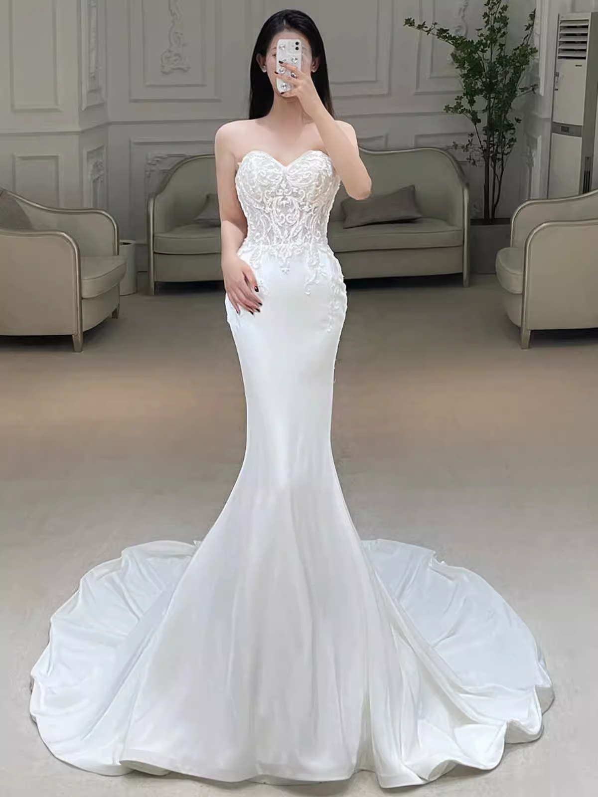Fairytale Mermaid Strapless Lace White Long Wedding Dresses